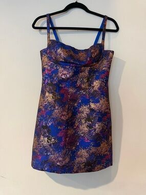 Royal Blue Metallic Floral Mini Dress with Gold Accents